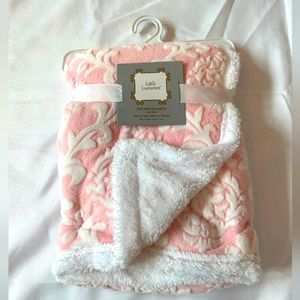 Little Luxuries Girls Pink White Design Baby Blanket Sherpa Fleece Soft NWT